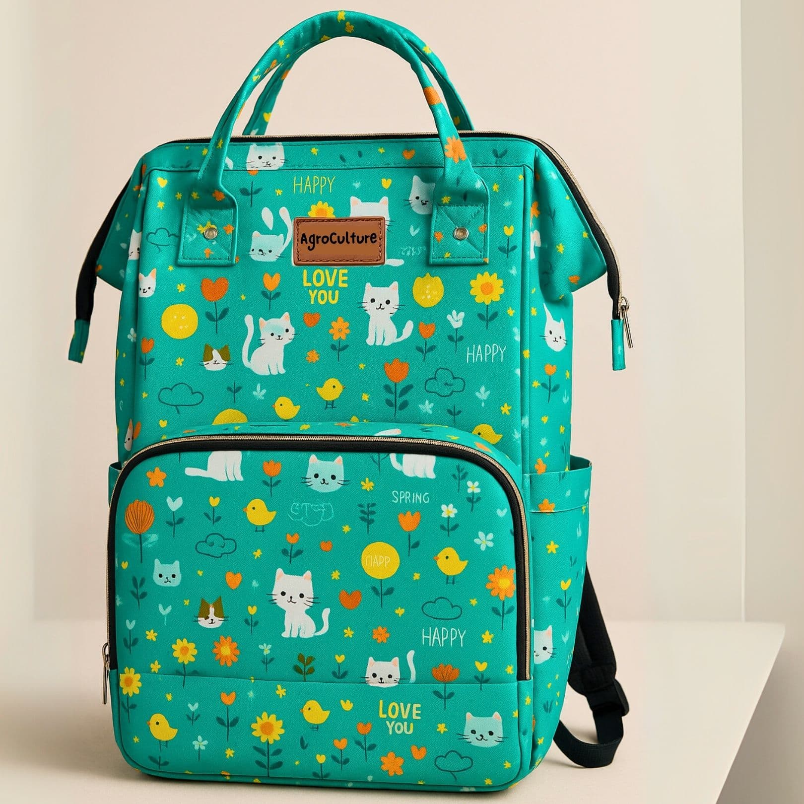 Green Kitten Print Diaper Backpack
