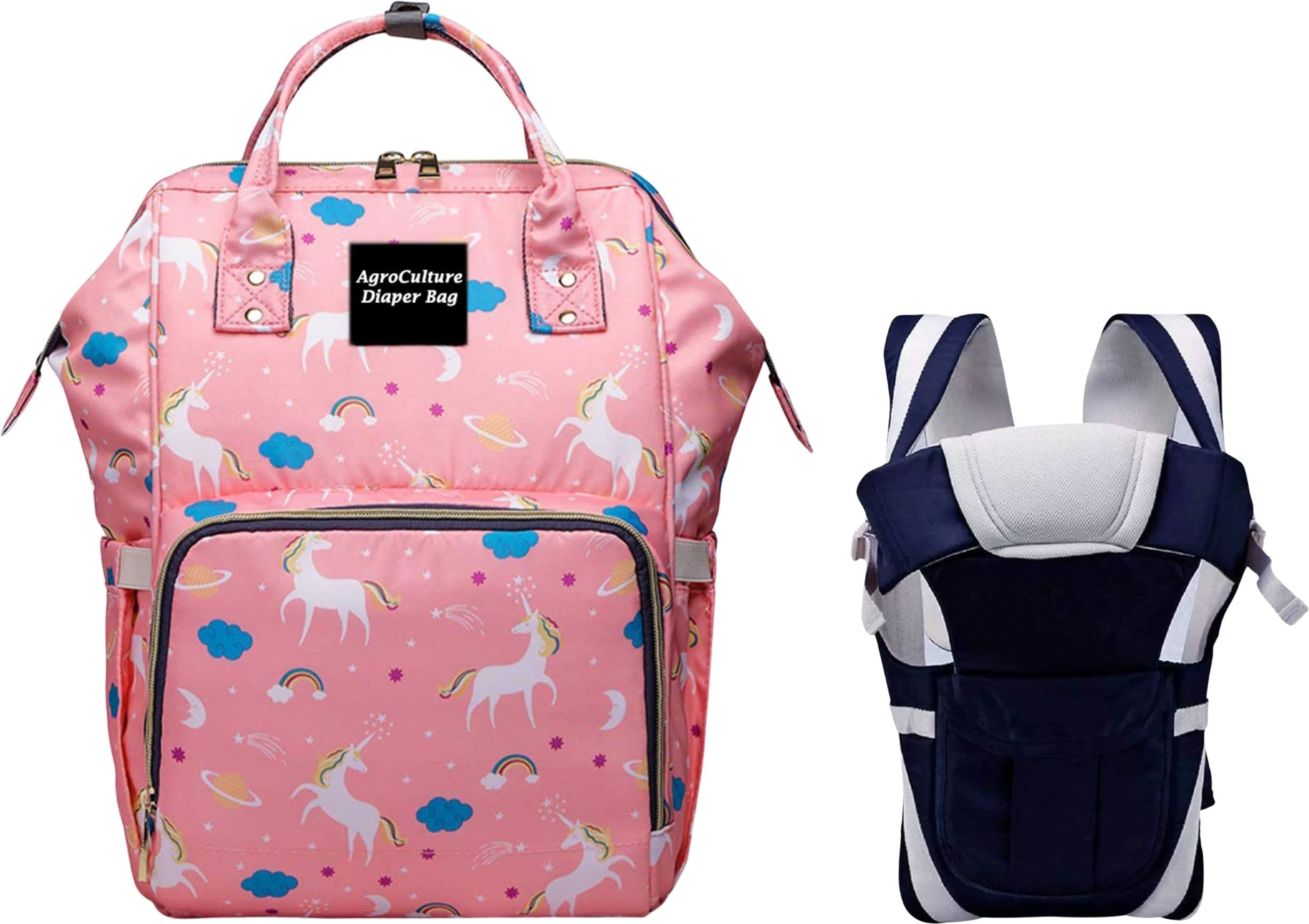 Pink Diaper Backpack with Blue Baby Carrier